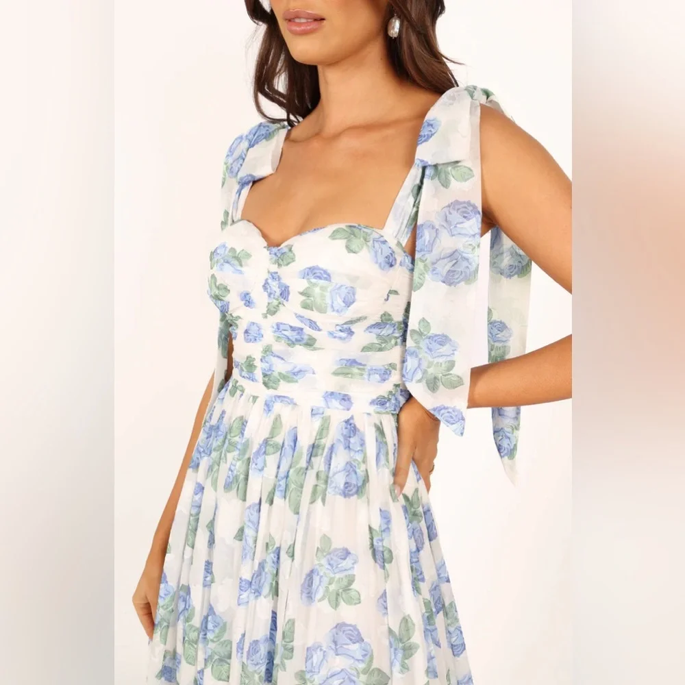 Petal & Pup White Midi Dress with Blue Floral Print